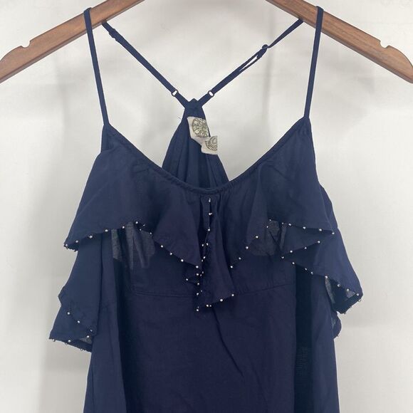 Free People Navy Racerback Tank Top Beaded and Ruffled Small - Picture 5 of 8